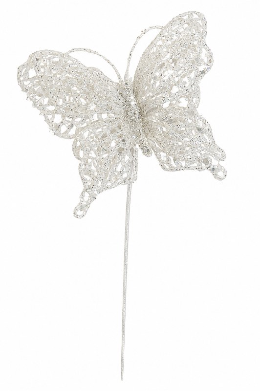 Picture of White glitter butterfly pick